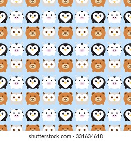 Seamless pattern. Baby background with cute round animals - bear, owl, penguin and cow. Paper for scrapbook or background. Vector illustration.