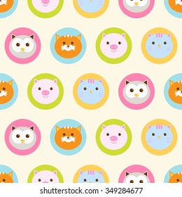 Seamless pattern. Baby background with cute round animals - fox, owl, pig and cat - in colorful circles. Paper for scrapbook or background. Vector illustration.