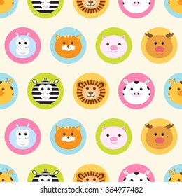 Seamless pattern. Baby background with cute round animals - giraffe, zebra, lion, cow, hippo, fox, reindeer, pig - in colorful circles. Paper for scrapbook or background. Vector illustration.