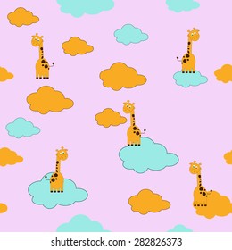 Seamless pattern baby  background  with giraffe clouds