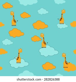 Seamless pattern baby  background  with giraffe, clouds