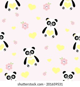 Seamless pattern. Baby background with hearts, flowers and pandas. Paper for scrapbook or background. Vector illustration.The rose background is removed