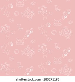 Seamless pattern baby background. White silhouette toys on a pink background. Vector illustration texture for print, textile design, fabric, home decor, wallpaper