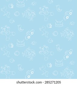 Seamless pattern baby background. White silhouette toys on a blue background. Vector illustration texture for print, textile design, fabric, home decor, wallpaper