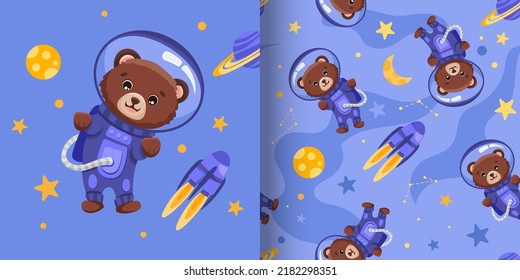 Seamless Pattern With Baby Bear Astronaut In The Open Space On Blue Background For Children Wallpaper, Textile Print Or For Baby Shower Design. Vector Cartoon Illustration