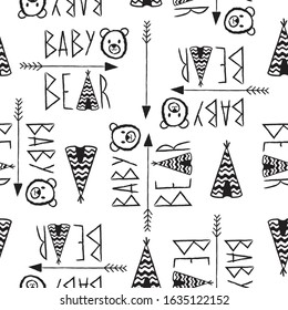 seamless pattern with baby bear head, arrow and Indian tent vector illustration, vector textile fabric print, wrapping paper