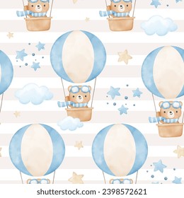 Seamless pattern baby bear in hot air balloon For baby shower Greeting card Clothing kids Fabric print