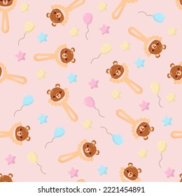 Seamless pattern with baby bear rattle. Children's pattern on textiles. Gentle children's  pink  background