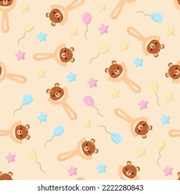 Seamless pattern with baby bear rattle. Children's pattern on textiles. Gentle children's  beige  background