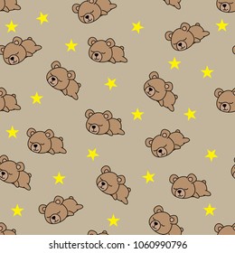 Seamless pattern baby bear sleeping on brown background, vector illustration