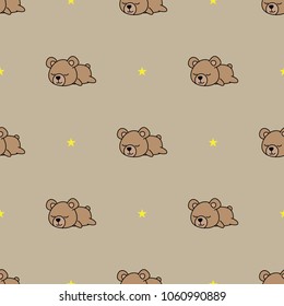 Seamless pattern baby bear sleeping on brown background, vector illustration