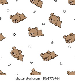 Seamless pattern baby bear sleeping on white background, vector illustration