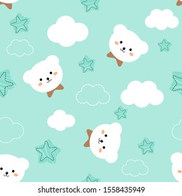 Seamless pattern with baby bear, stars and cloud on background. cute cartoon character for kid. vector illustration. flat design.