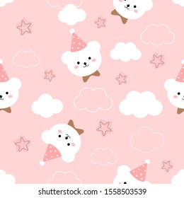 Seamless pattern with baby bear wearing a hat, cloud and stars on pink background. cute cartoon character flat design vector illustration.