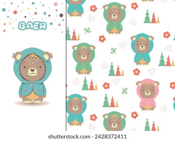 Patrón sin fisuras con oso bebé. Fondo blanco. Vector de árboles y flores. Ilustración vectorial en estilo de dibujos animados divertidos.