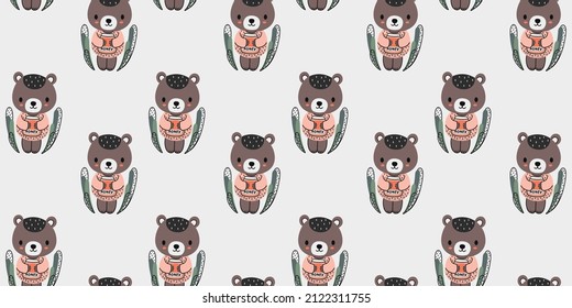 Seamless pattern of baby bears in pink sweaters holding jars of honey. Cartoon cute texture on a white background. Vector.