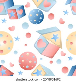 Seamless pattern for baby bedding in soft colors. Cute turrets made of cubes, balls, hearts. Vector illustration in children's cartoon style