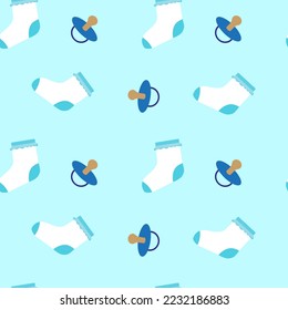 Seamless pattern with baby blue socks and a blue pacifier on a blue background for fabrics for children's clothing and accessories, vector illustration