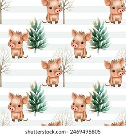 Seamless pattern with baby boar and trees. Watercolor woodland. Animal wildlife backgrounds. 