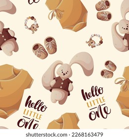 Seamless pattern with baby bodysuit, booties, plush bunny. Baby clothes store, Baby waiting, pregnancy, childbirth concept. Vector illustration.