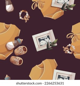 Seamless pattern with baby bodysuit, ultrasound baby picture, milk bottle, booties. Baby clothes store, Baby waiting, pregnancy, sonogram concept. Vector illustration.