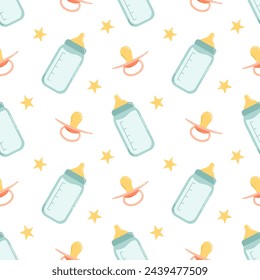 Seamless pattern with baby bottle and pacifier. Vector cute baby illustration