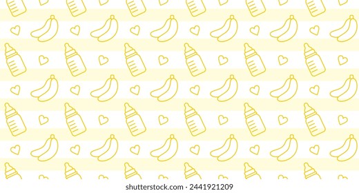 Seamless pattern with baby bottles and bananas. Child nutrition, drink and food for infants and newborn kids in bottles with pacifier and ruler scale, vector outline cute background with stripes