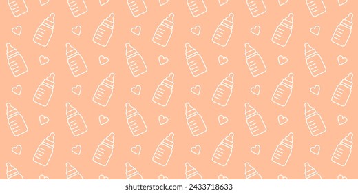 Seamless pattern with baby bottles for milk and food. Child nutrition, drink for infants and newborn kids in bottles with pacifier and ruler scale, cute vector outline background with hearts