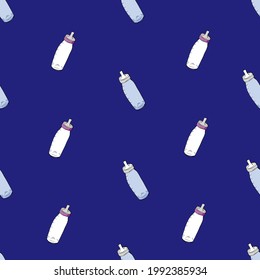 
Seamless pattern with baby bottles on blue backdrop