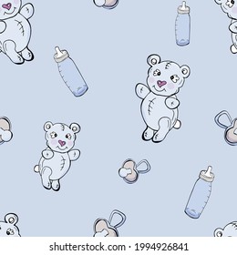 
Seamless pattern with baby boy accessories in light blue and beige