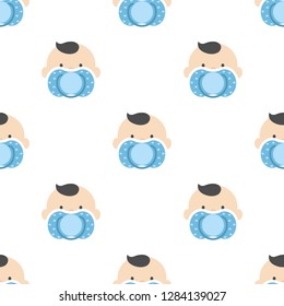 Seamless pattern baby boy child face with blue nipple on a white background. Vector cute children graphic textile print.