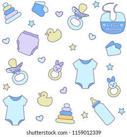 Patrón sin inconvenientes con los artículos para niños. Ropa y accesorios de nueva creación