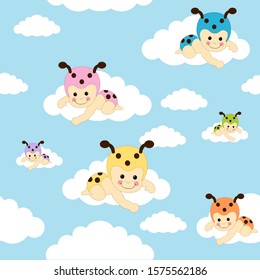 Seamless pattern with baby bugs sitting on clouds over blue sky background. Toddler ladybug tiling or wrapping paper pattern