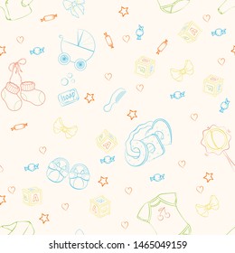 Seamless pattern with baby care items: feeding, clothing, toys, health care stuff, safety, furniture, accessories. Thin line icons of baby items. Vector hand drawn Illustration