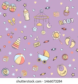 Seamless pattern with baby care items: feeding, clothing, toys, health care stuff, safety, furniture, accessories. Thin line icons of baby items. Vector hand drawn Illustration