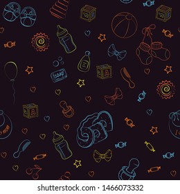 Seamless pattern with baby care items: feeding, clothing, toys, health care stuff, safety, furniture, accessories. Thin line icons of baby items. Vector hand drawn Illustration