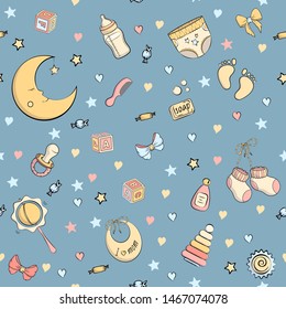 Seamless pattern with baby care items: feeding, clothing, toys, health care stuff, safety, furniture, accessories. Thin line icons of baby items. Vector hand drawn Illustration