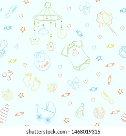 Seamless pattern with baby care items: feeding, clothing, toys, health care stuff, safety, furniture, accessories. Thin line icons of baby items. Vector hand drawn Illustration