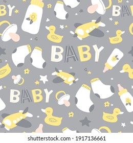 Seamless pattern with baby care items. Vector repeating texture. Cute t-shirt and textile design for kids clothing.