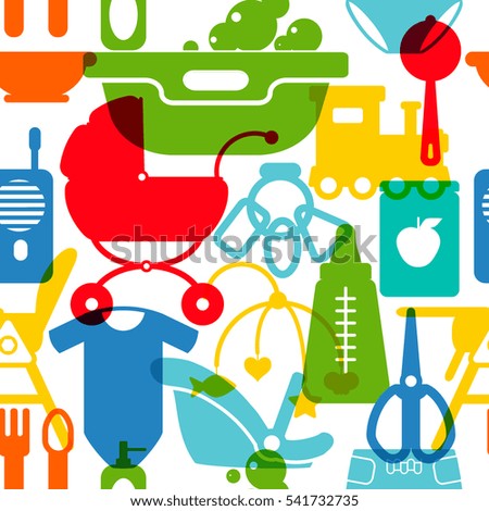 Seamless pattern with baby care items and toys. Vector illustration in modern flat style. Design for textile, cloth, background. 