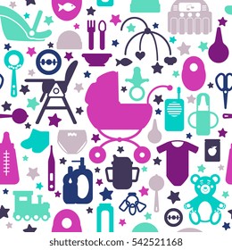 Seamless pattern with Baby care supplies silhouettes  - vector elements in modern flat art style, colorful illustrations for textile, wallpaper, background. Child belongings, toys and products. 

