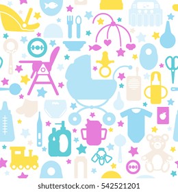 Seamless pattern with Baby care supplies silhouettes  - vector elements in modern flat art style, colorful illustrations for textile, wallpaper, background. Child belongings, toys and products. 

