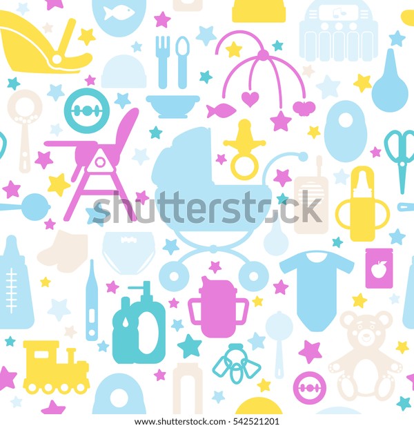 Seamless Pattern Baby Care Supplies Silhouettes Stock Vector (Royalty ...