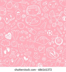 Seamless pattern Baby Care in vector format on pink background