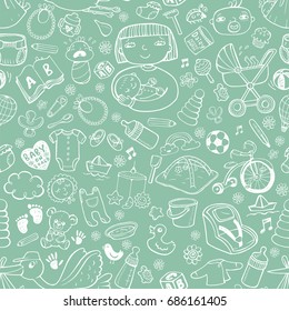 Seamless pattern Baby Care in vector format on blue background