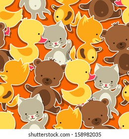 Seamless pattern with baby cat, bear, fox and duck.