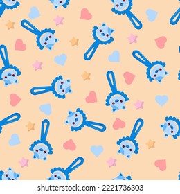 Seamless pattern with baby cat rattle. Children's pattern on textiles. Gentle children's  beige   background