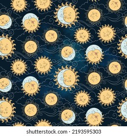 Seamless pattern with baby celestial bodies - moon, sun stars and clouds. Pastel hand drawn vector textile or wrapping design for kids