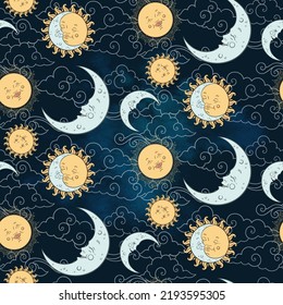 Seamless pattern with baby celestial bodies - moon, sun stars and clouds. Pastel hand drawn vector textile or wrapping design for kids