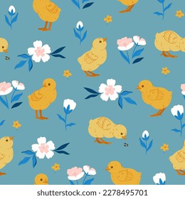 Seamless pattern with baby chickens and flowers. Vector graphics.